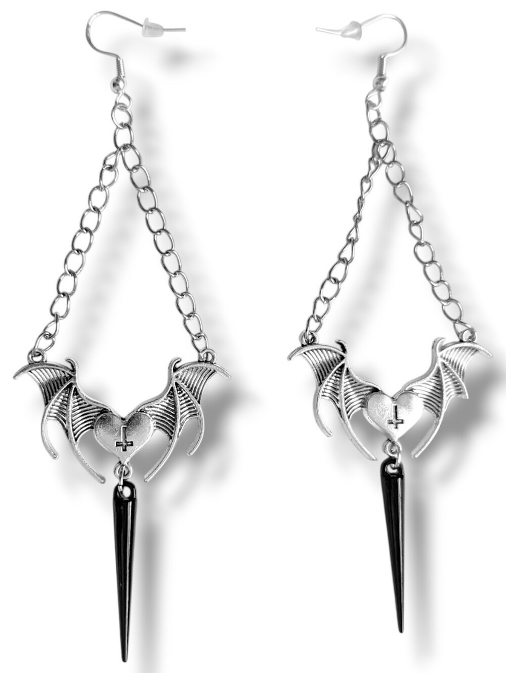 NWT Handmade Silver Heart with Bat Wings Black Spike and Chain Connector Earring